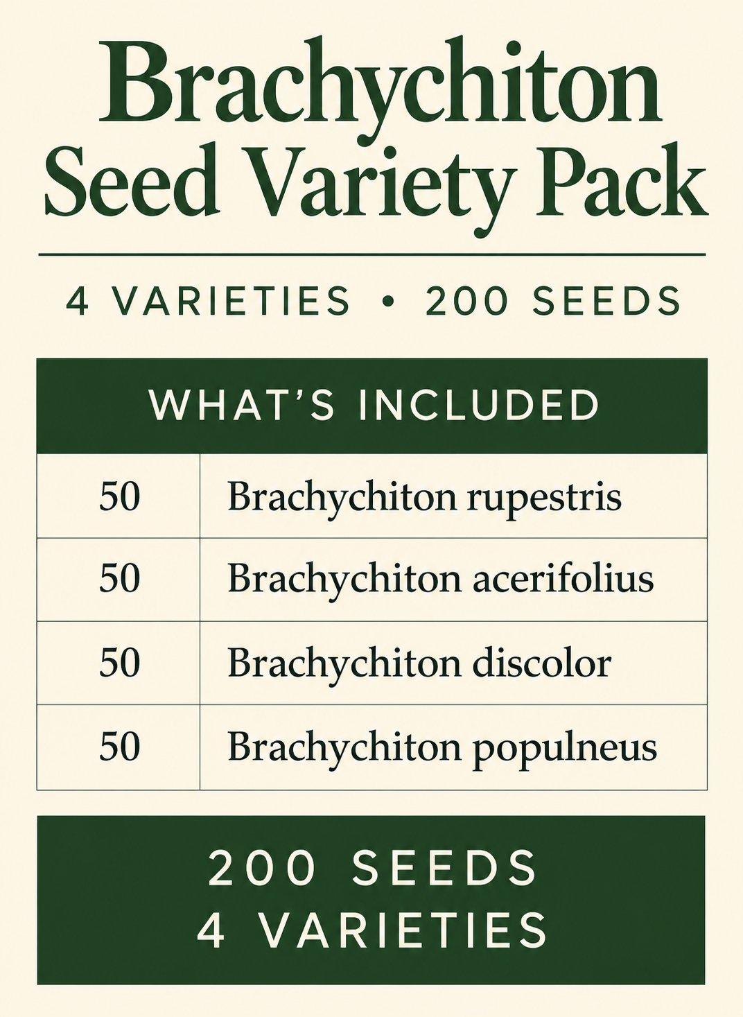 Brachychiton Seed Variety Pack – 200 Bottle Tree Seeds, 4 Varieties