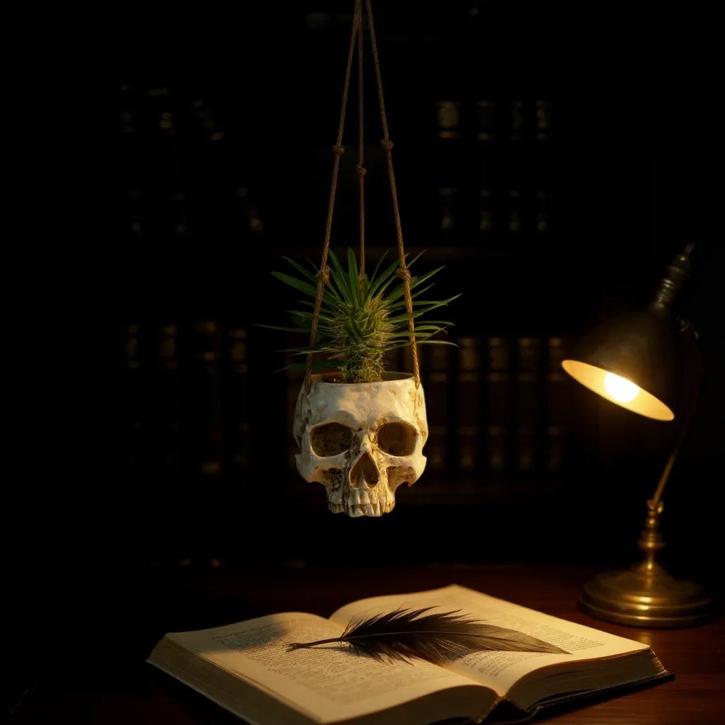 Skull Planter with Live Madagascar Palm – Spiky Succulent Tree – Gothic & Halloween Decor